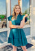 Park Avenue Dress in Teal Green, puff sleeve dress with v-neck, cinched waist, and tiering