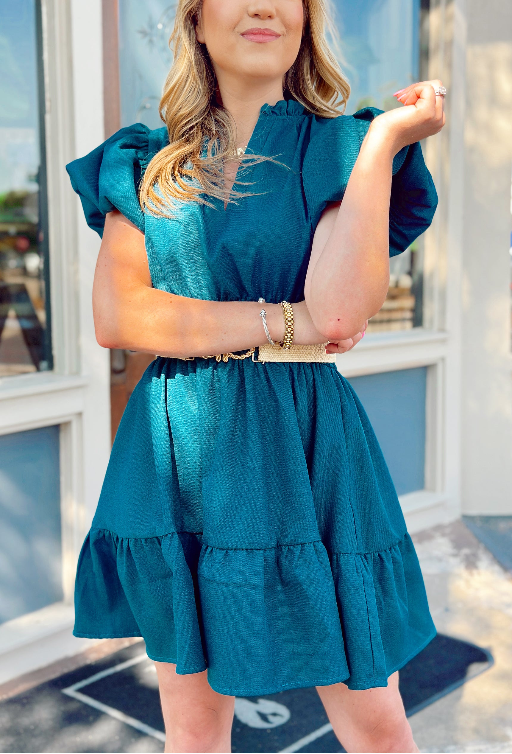 Park Avenue Dress in Teal Green, puff sleeve dress with v-neck, cinched waist, and tiering