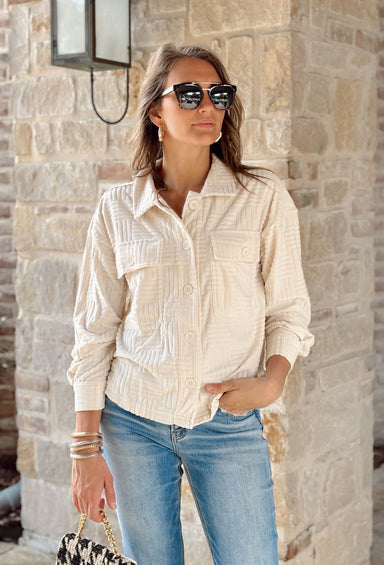 Pressed For Time Top, shacket type textured top in cream