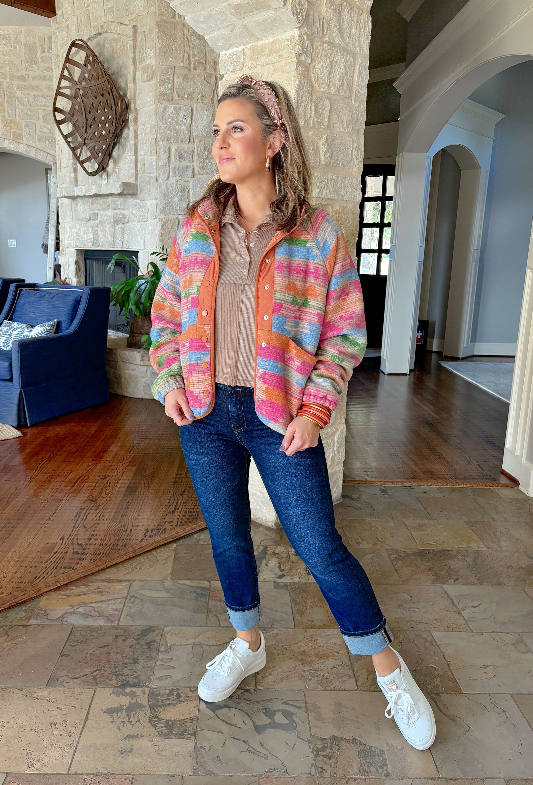 Roaming The City Jacket, colorful aztec print snap button retro-inspired fleece jacket