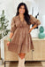 Season Of Bliss Dress, washed brown quarter sleeve dress with collar, v-neck, and tiering 