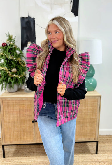 Sending Love To You Vest, pink plaid puffer vest with ruffling on the shoulders