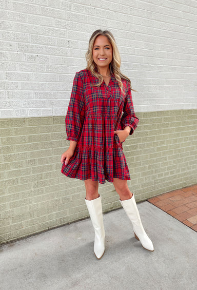 So Plaid You're Mine Dress in Red, red plaid long sleeve dress 