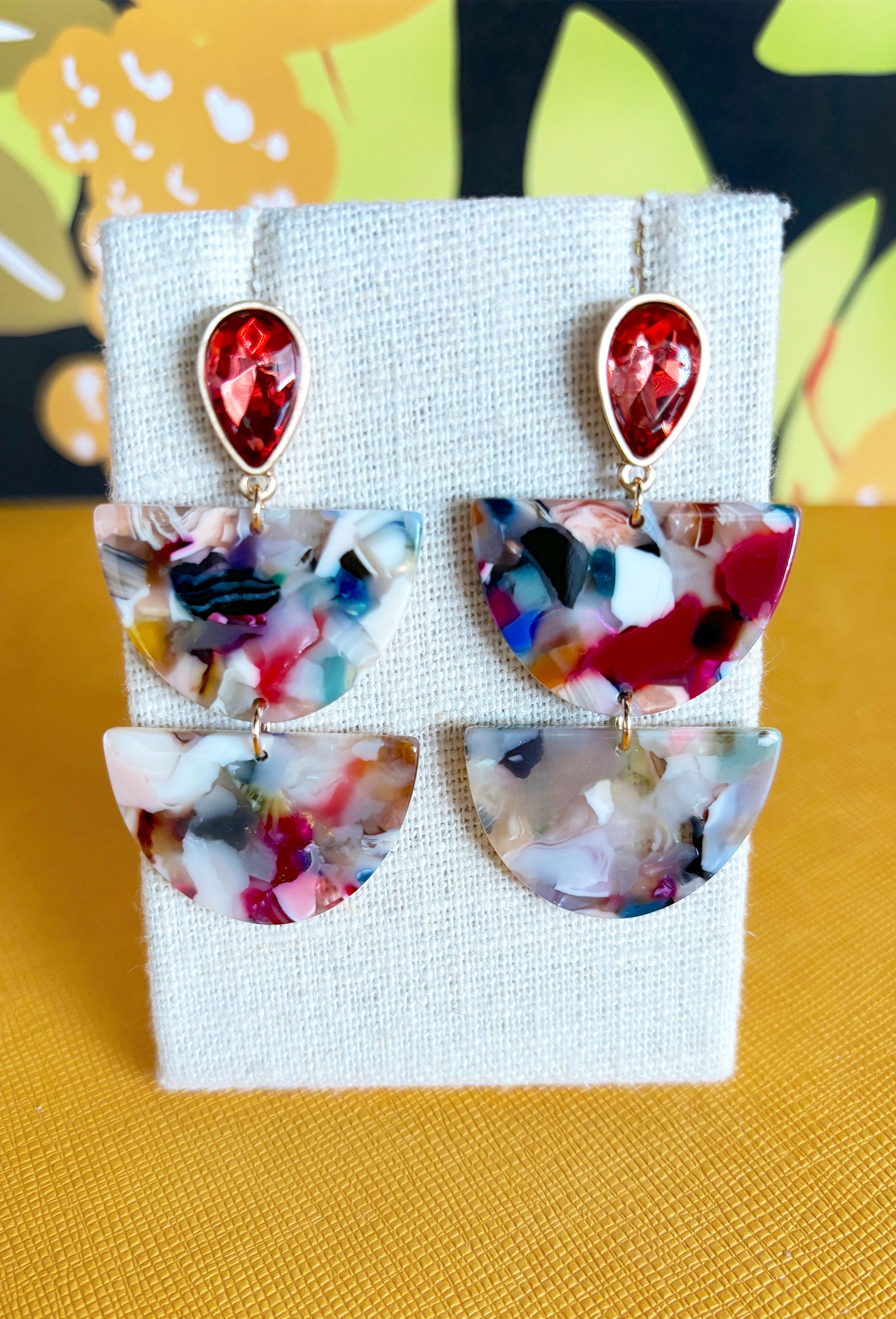 Something Special Earrings in Multi, ruby stud with acrylic multi-colored half moon pieces attached