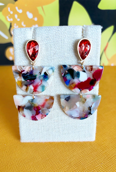 Something Special Earrings in Multi, ruby stud with acrylic multi-colored half moon pieces attached