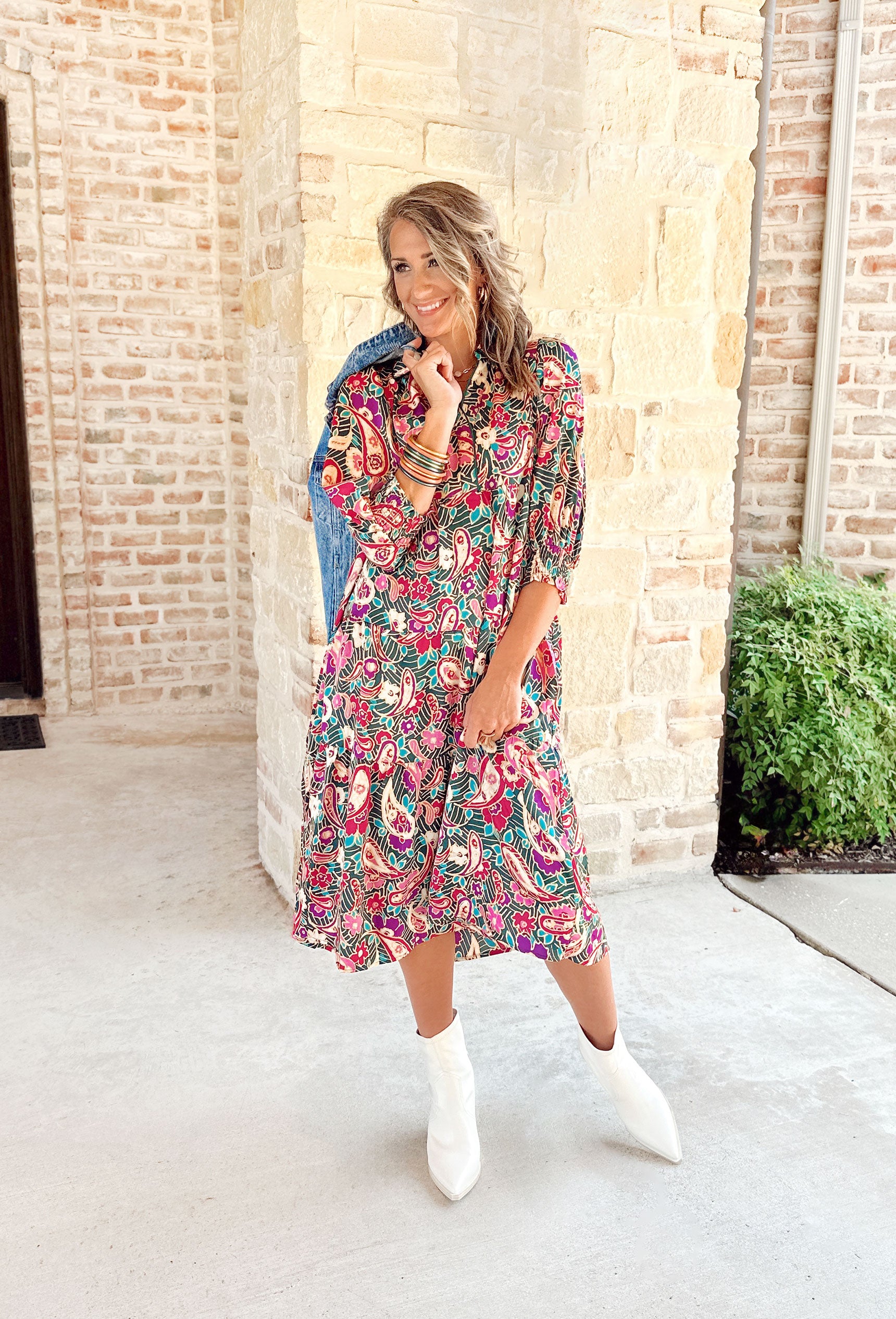 Sonoma Sways Midi Dress, paisley printed midi dress with soft v-neck and quarter length sleeves. Colors are magenta, fuchsia, teal, gold, cranberry, forest green