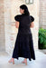 Take It To Heart Midi Dress in Black, Puff sleeve midi dress with cinched waist line, v-neck, and tiering