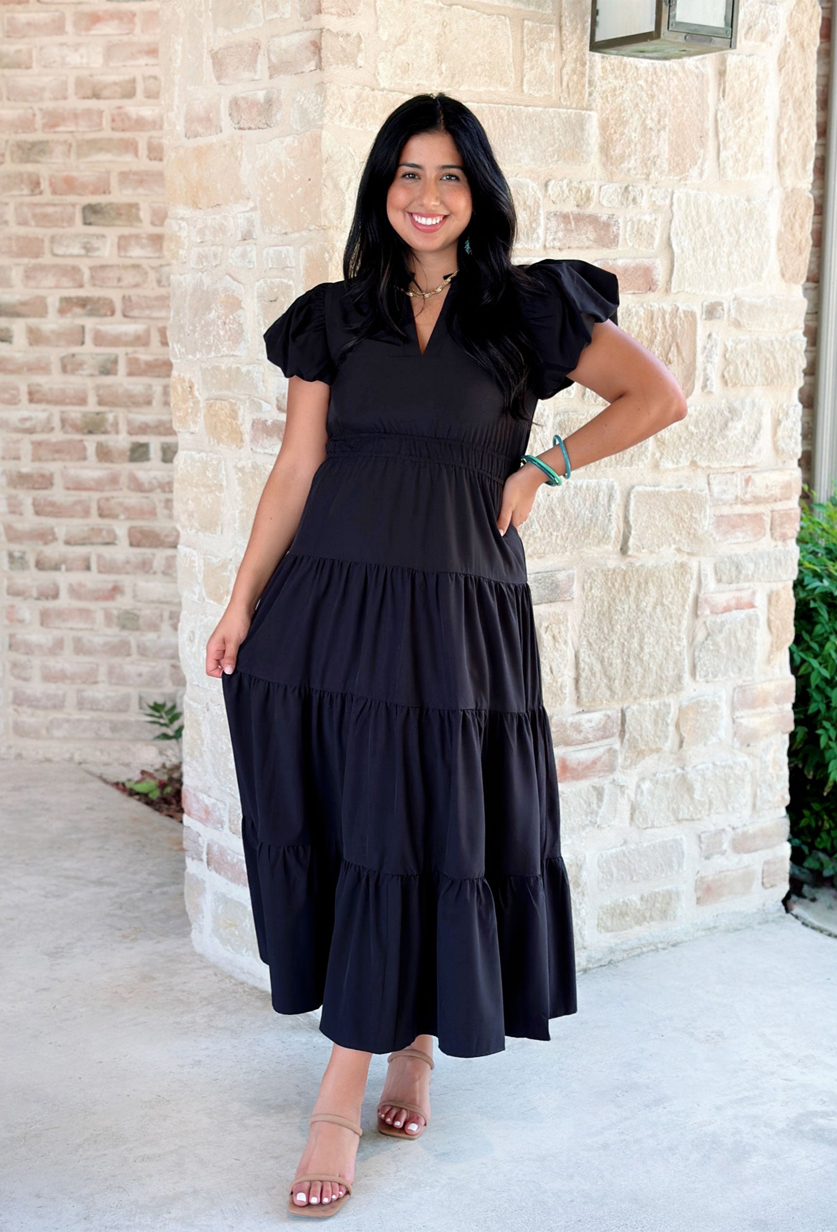 Take It To Heart Midi Dress in Black, Puff sleeve midi dress with cinched waist line, v-neck, and tiering