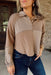 Take The Train Top, patchwork thermal long sleeve with taupe and tan, quarter snap button down 