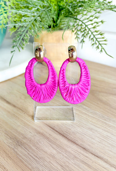 Take A Chance Earrings in Fuchsia, small gold hoop with fuchsia raffia wrapped oval ring 