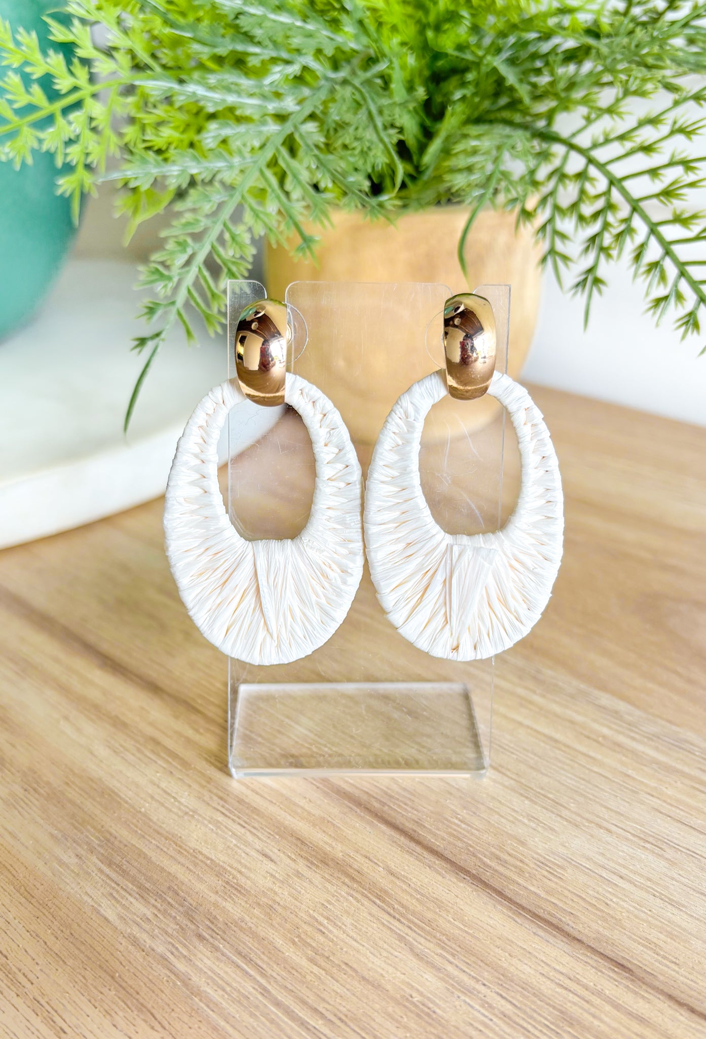 Take A Chance Earrings in Ivory, small gold hoop with white raffia wrapped oval ring 