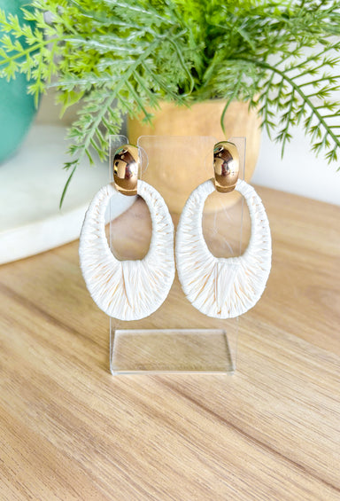 Take A Chance Earrings in Ivory, small gold hoop with white raffia wrapped oval ring 