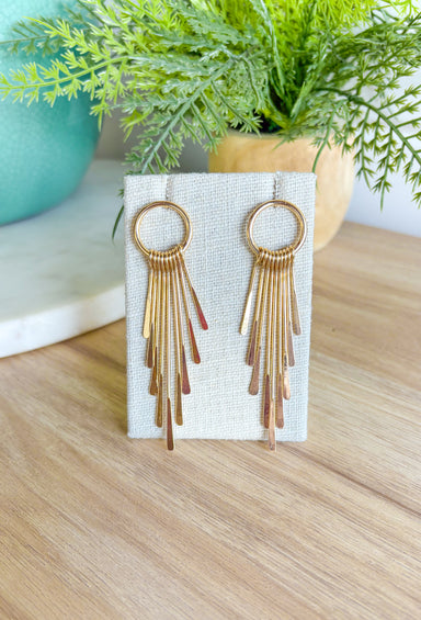 Take A Risk Earrings, gold circle post earring with long gold bars with flattened ends attached to the circle 