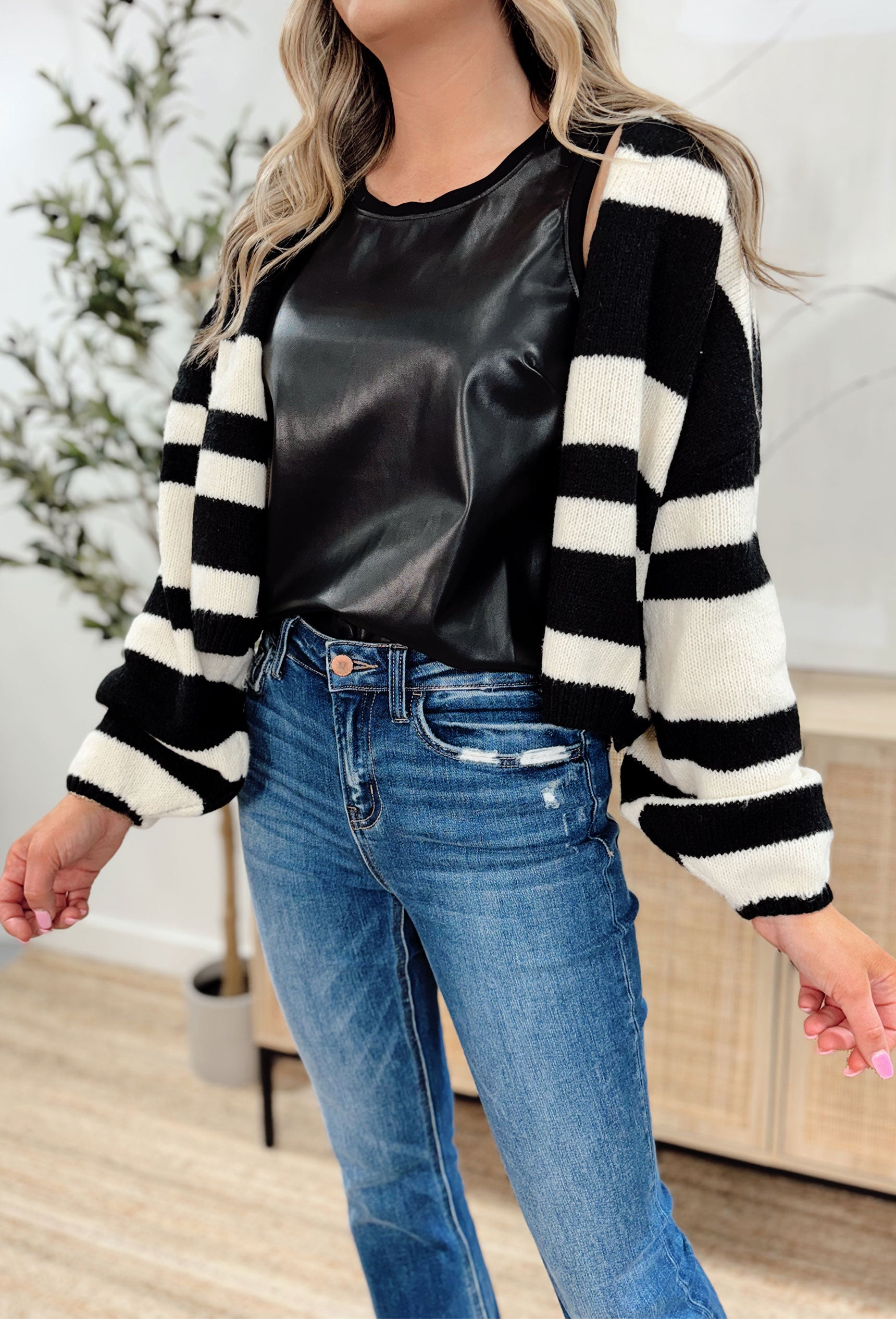 Taking Sides Striped Cardigan, black and white cropped cardigan