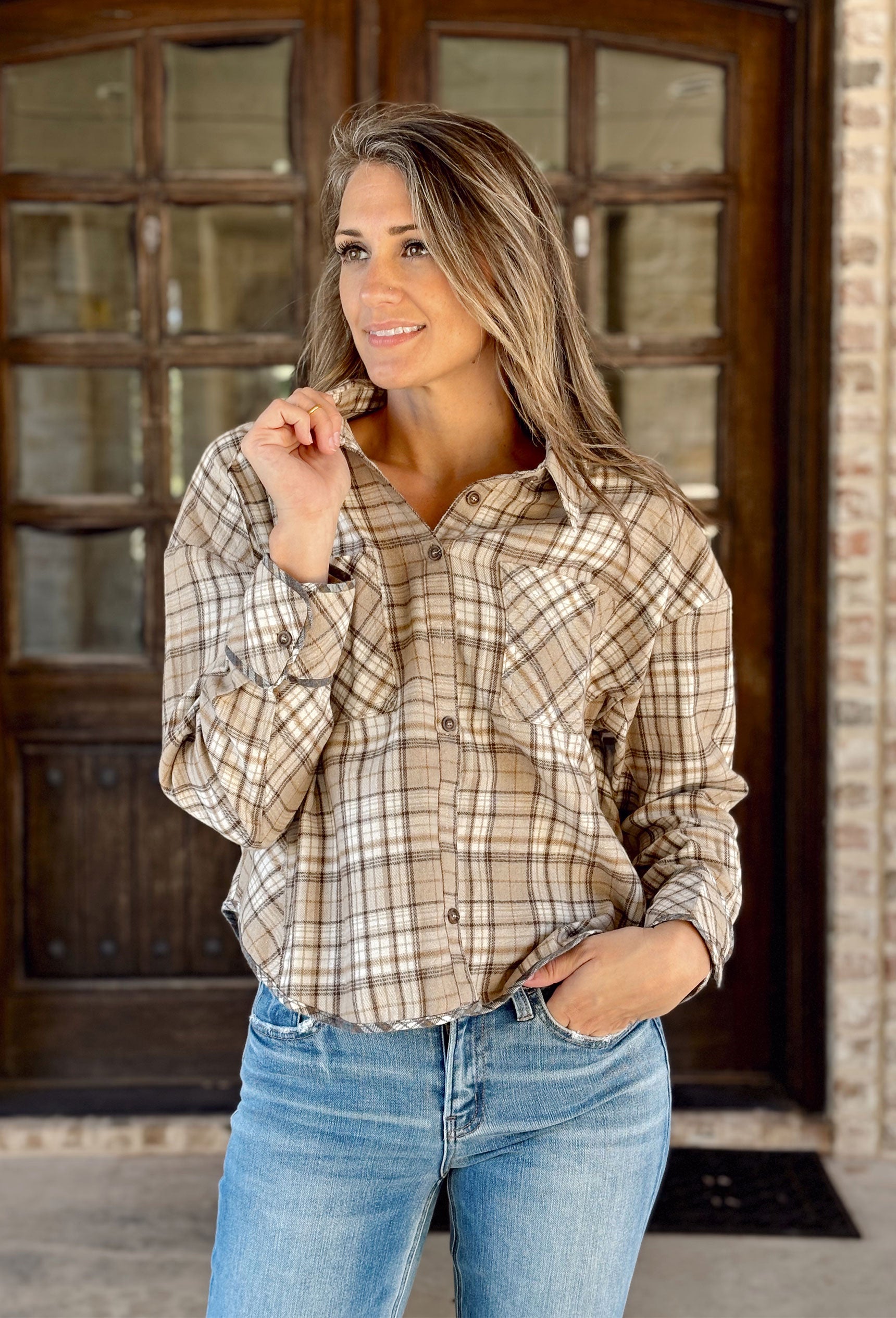 Gather Around The Fire Flannel, tan, brown, cream, and cognac flannel 
