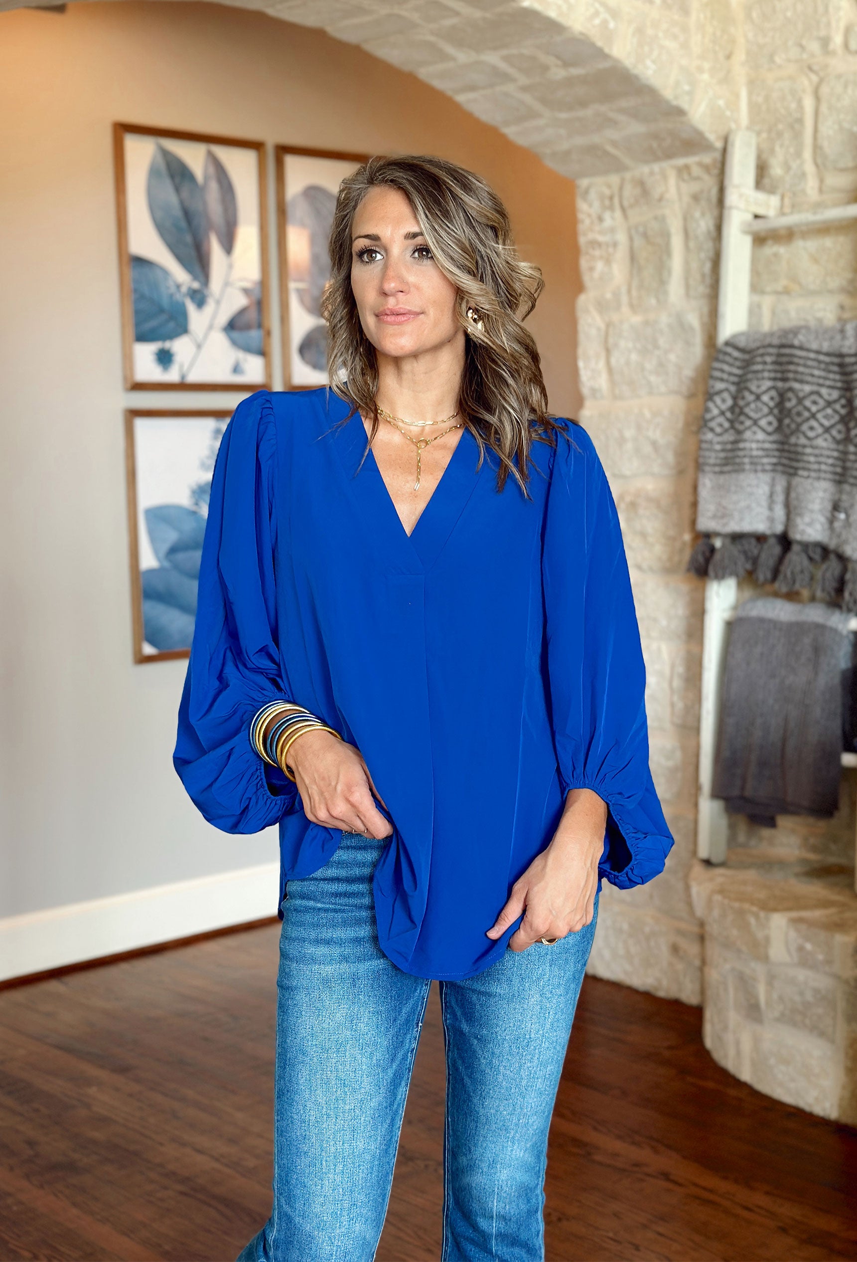 Think Fast Blouse in Royal Blue, long sleeve royal blue blouse with v-neck