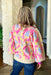 Tour The City Sweater, tan sweater with pink, yellow, and light blue abstract print 