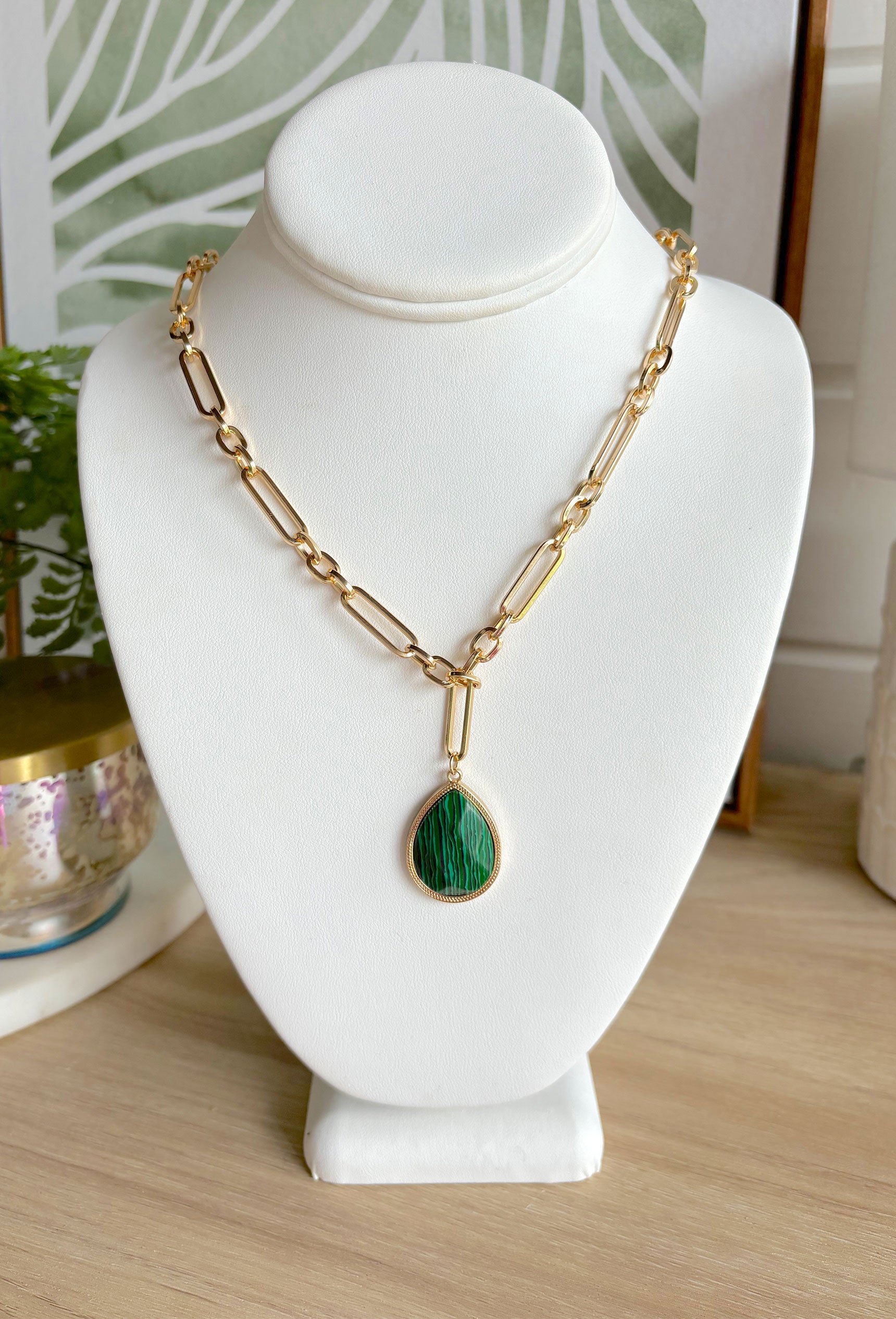 Treat You Better Necklace in Green, gold chain link necklace with green teardrop pendant