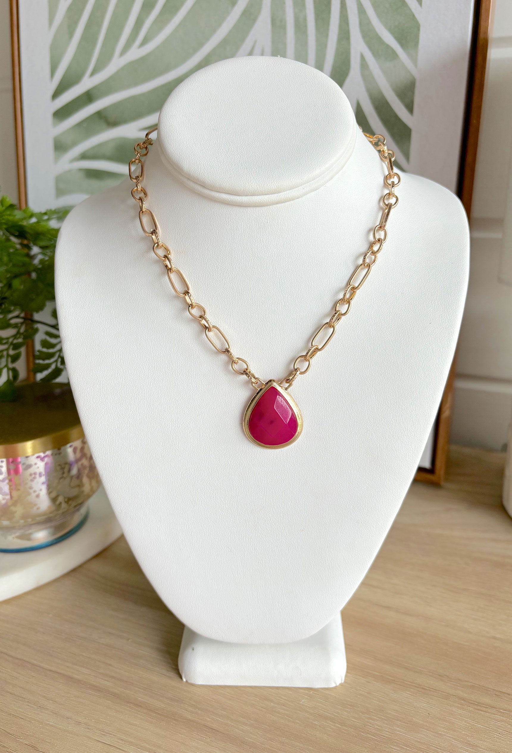 Treat You Better Necklace in Pink, gold chain link necklace with hot pink teardrop pendant