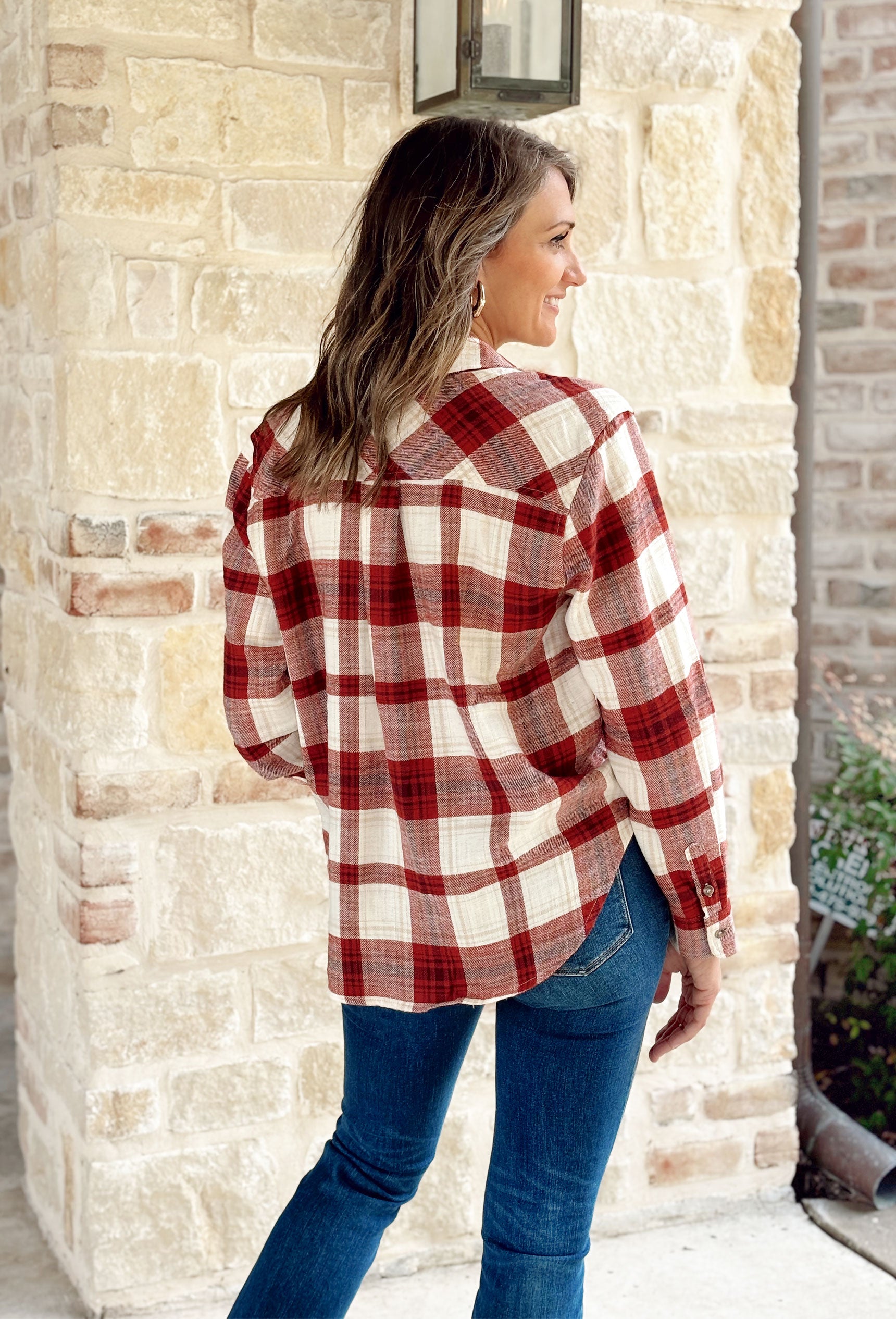 Under The Harvest Moon Flannel, red, tan, and cream flannel