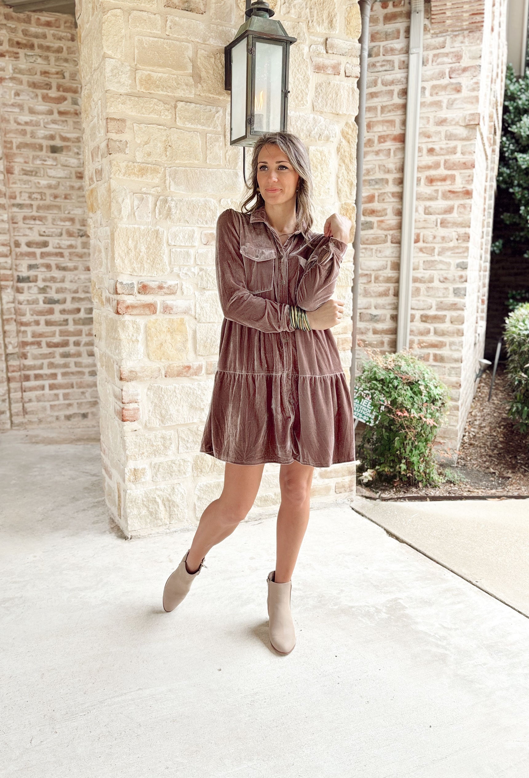 Velvet Almond Babydoll Shirtdress, long sleeve taupe velvet babydoll button up dress with two pockets on the chest and tiering 