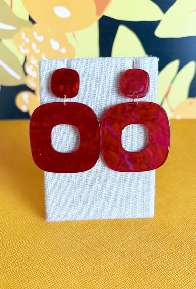 Wasting Time Earrings in Red, acrylic rounded square red earrings