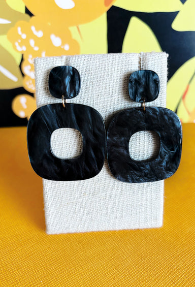 Wasting Time Earrings in Black, acrylic rounded square black earrings