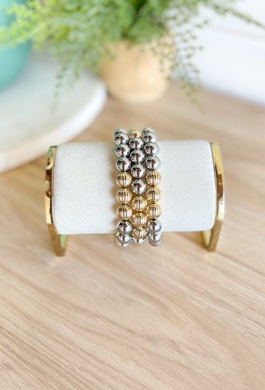 Weekend Away Bracelet Set, stack of three gold and silver beaded bracelets, gold beads are textured silver beads are smooth 