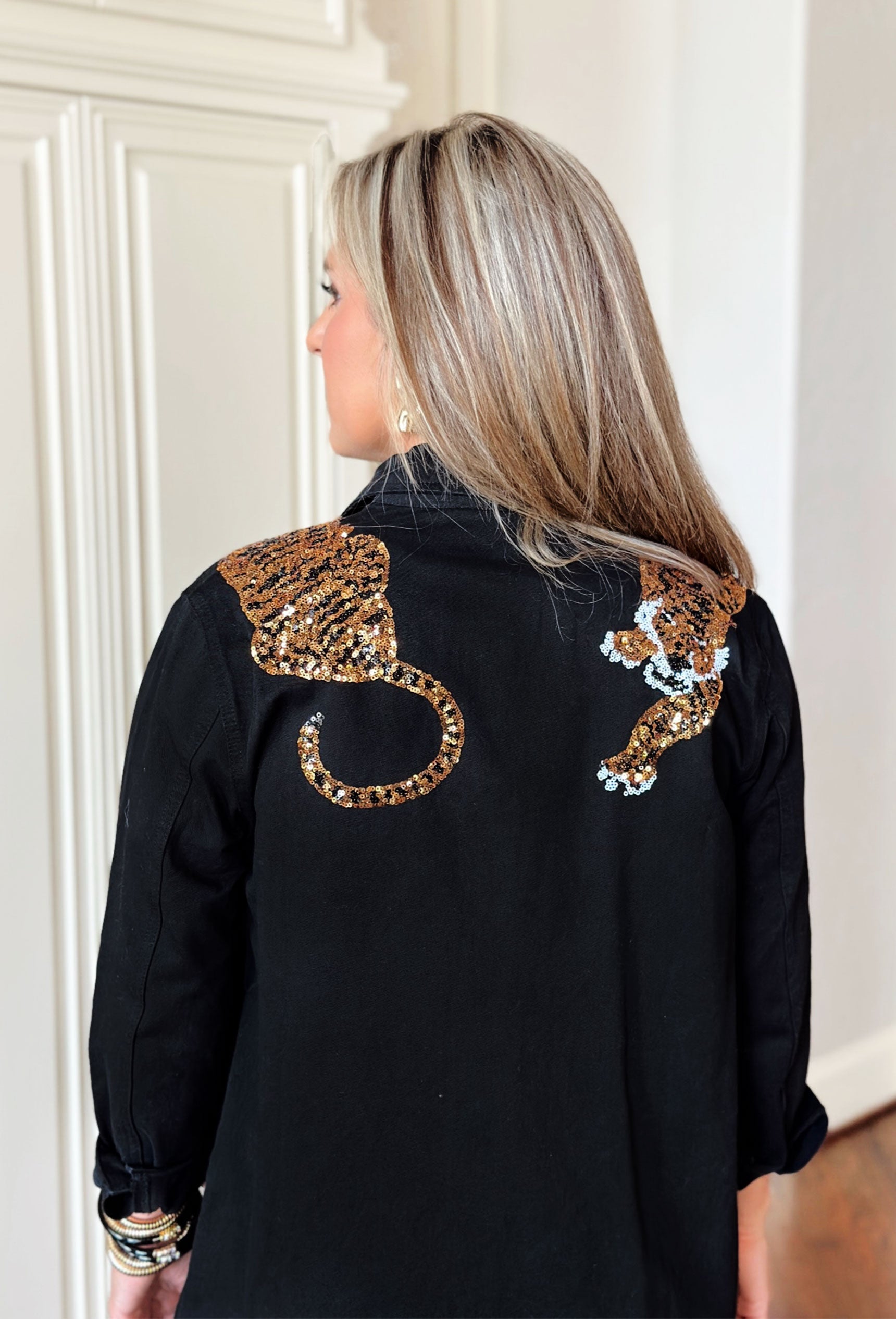 Wild Card Jacket, black denim shacket with sequin tiger over both shoulders