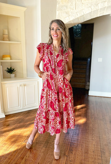 Win My Heart Midi Dress, red, cream, and burnt orange with soft ruffle on the sleeve and v-neck