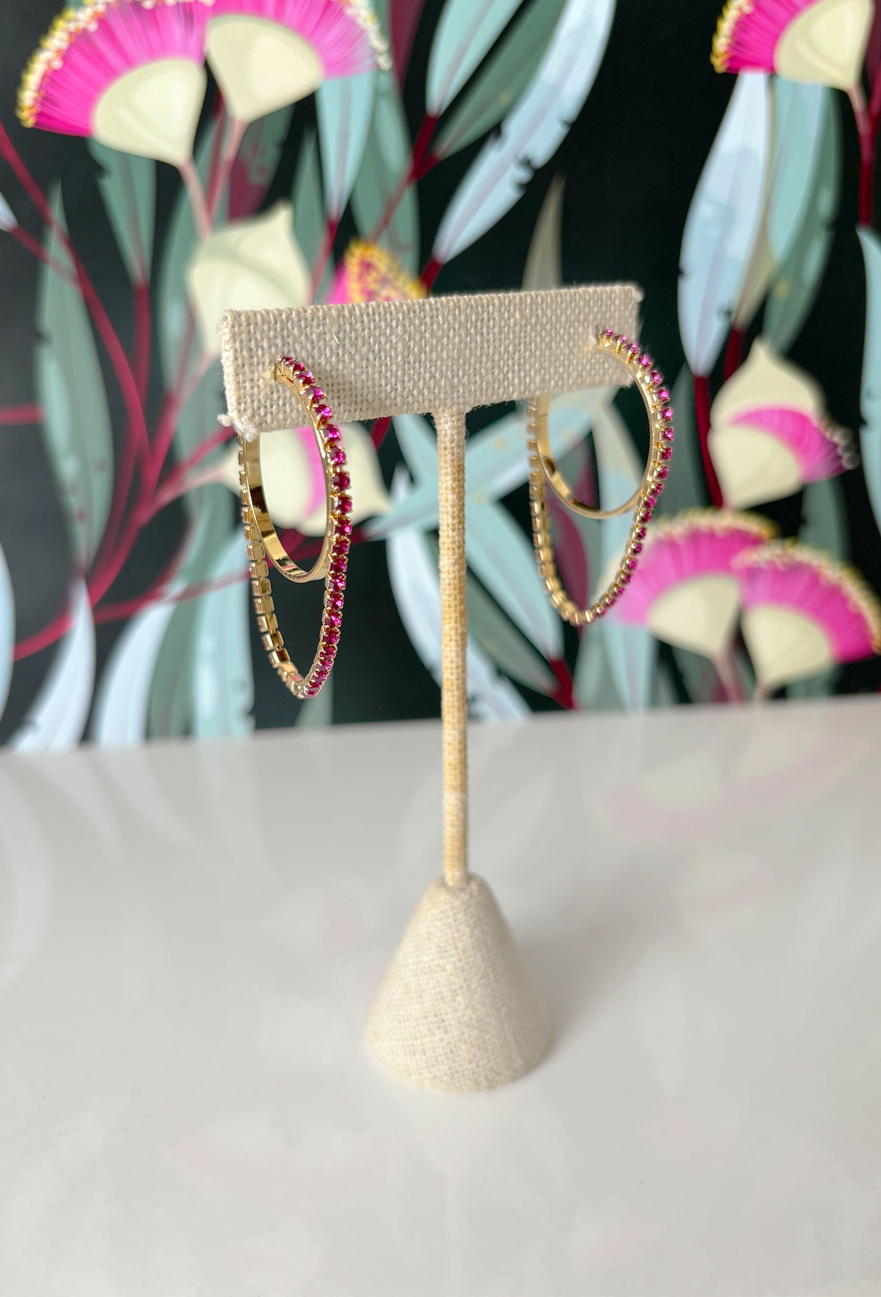 Wish For It Hoop Earrings in Pink, gold hoop with pink crystal rhinestones and drop tier
