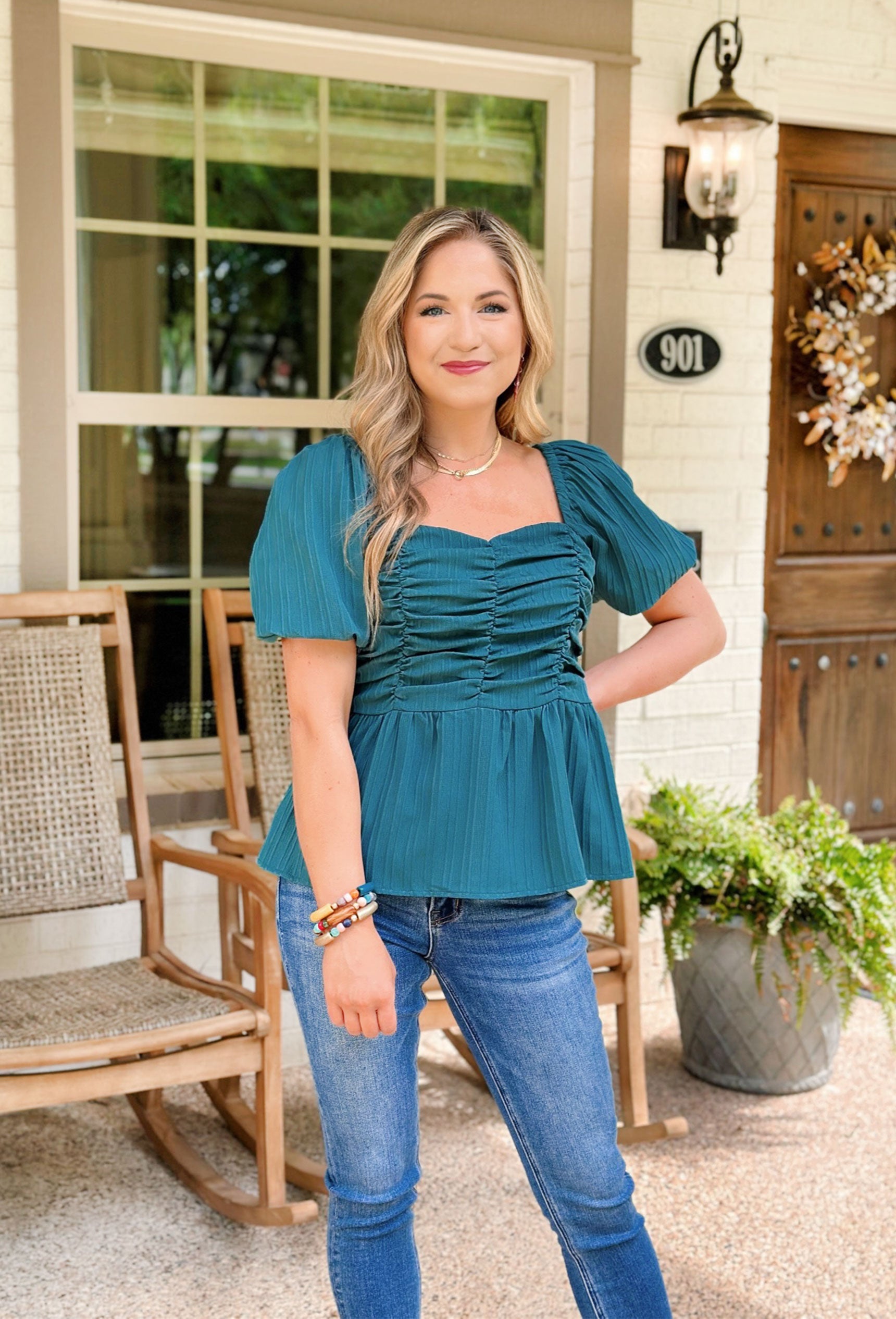 Wish You Were Here Top, teal green puff sleeve top with cinched pleats on the chest and loose bottom