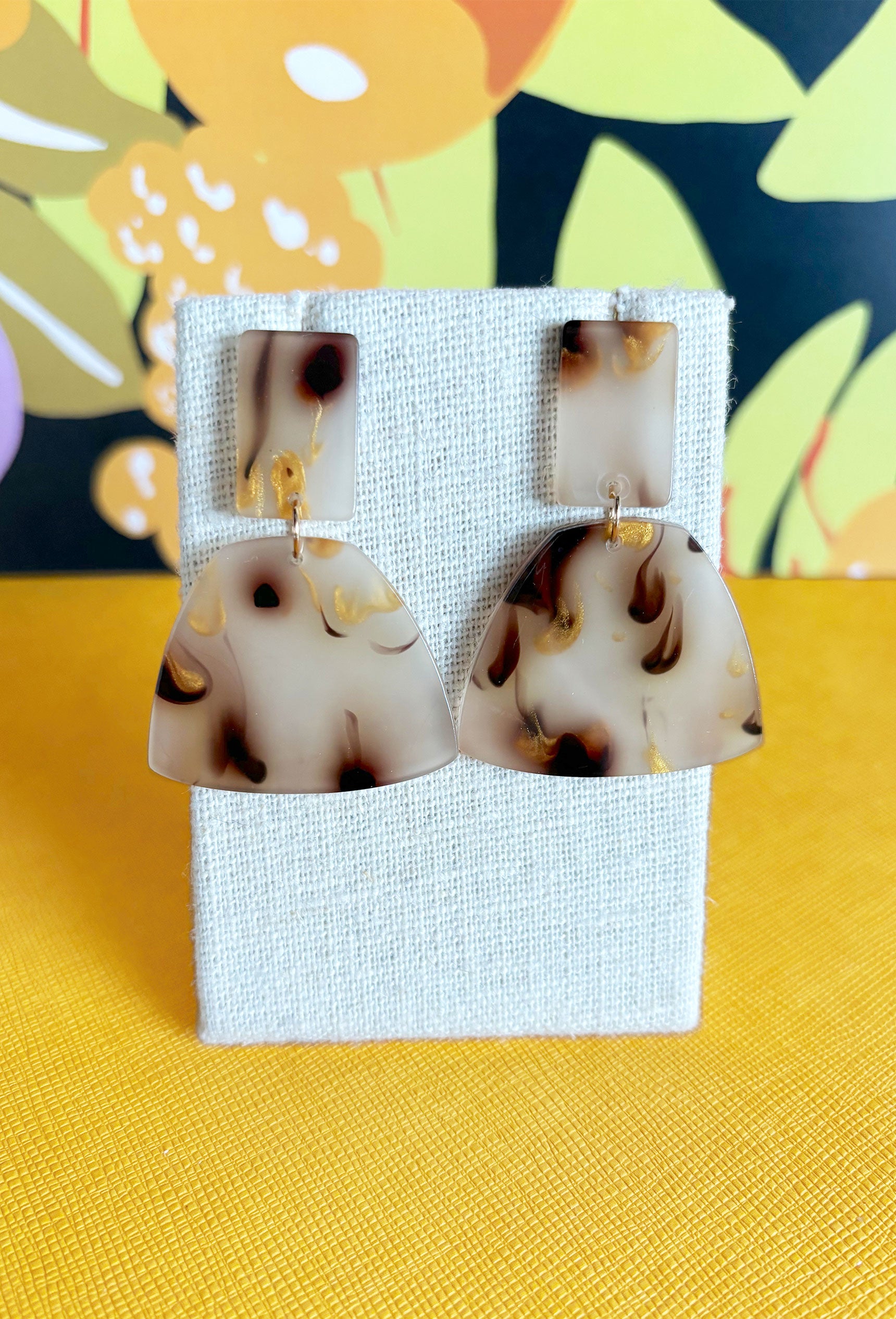 Work Of Art Earrings in Tan, tan, brown and gold marbled acrylic earring 