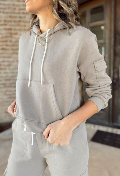 Z SUPPLY Cargo Hoodie, grey cargo hoodie with white drawstrings