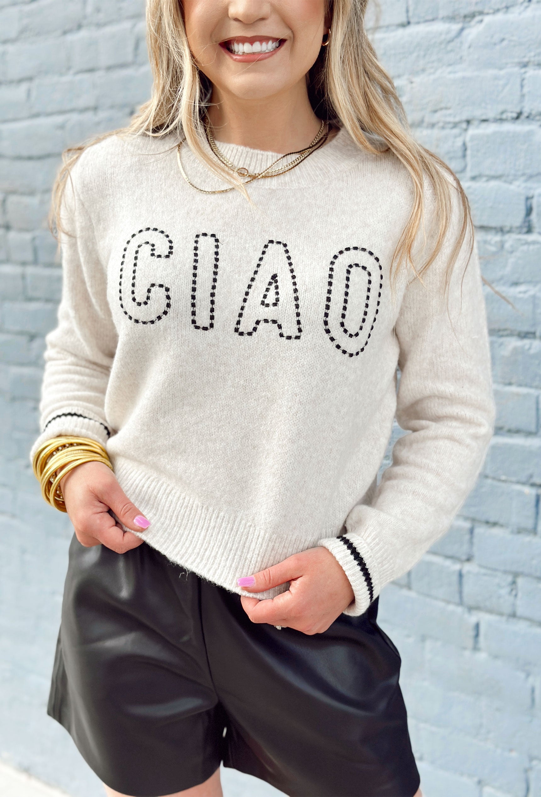 Z SUPPLY Milan Ciao Sweater, heathered cream sweater with stitched phrase "ciao" in black on the chest