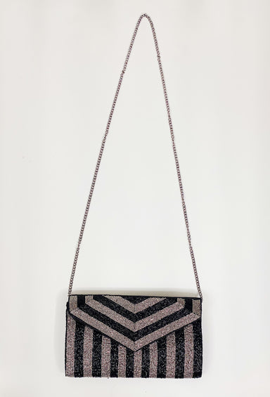 A Night Out Beaded Clutch in Black, black and silver striped beaded handbag