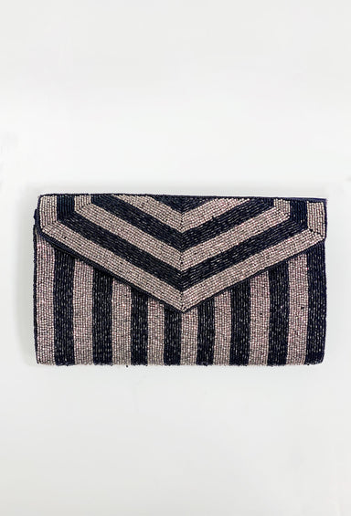 A Night Out Beaded Clutch in Black, black and silver striped beaded handbag