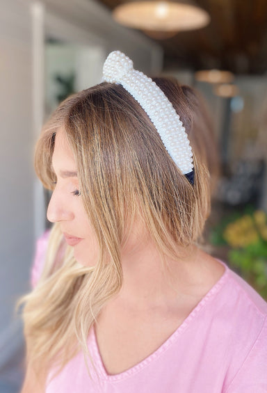 Addie Pearl Headband in White, Black headband with white beads sewed on top, faux knot