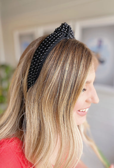 Addie Pearl Headband in Black, Black headband with black beads sewed on top, faux knot