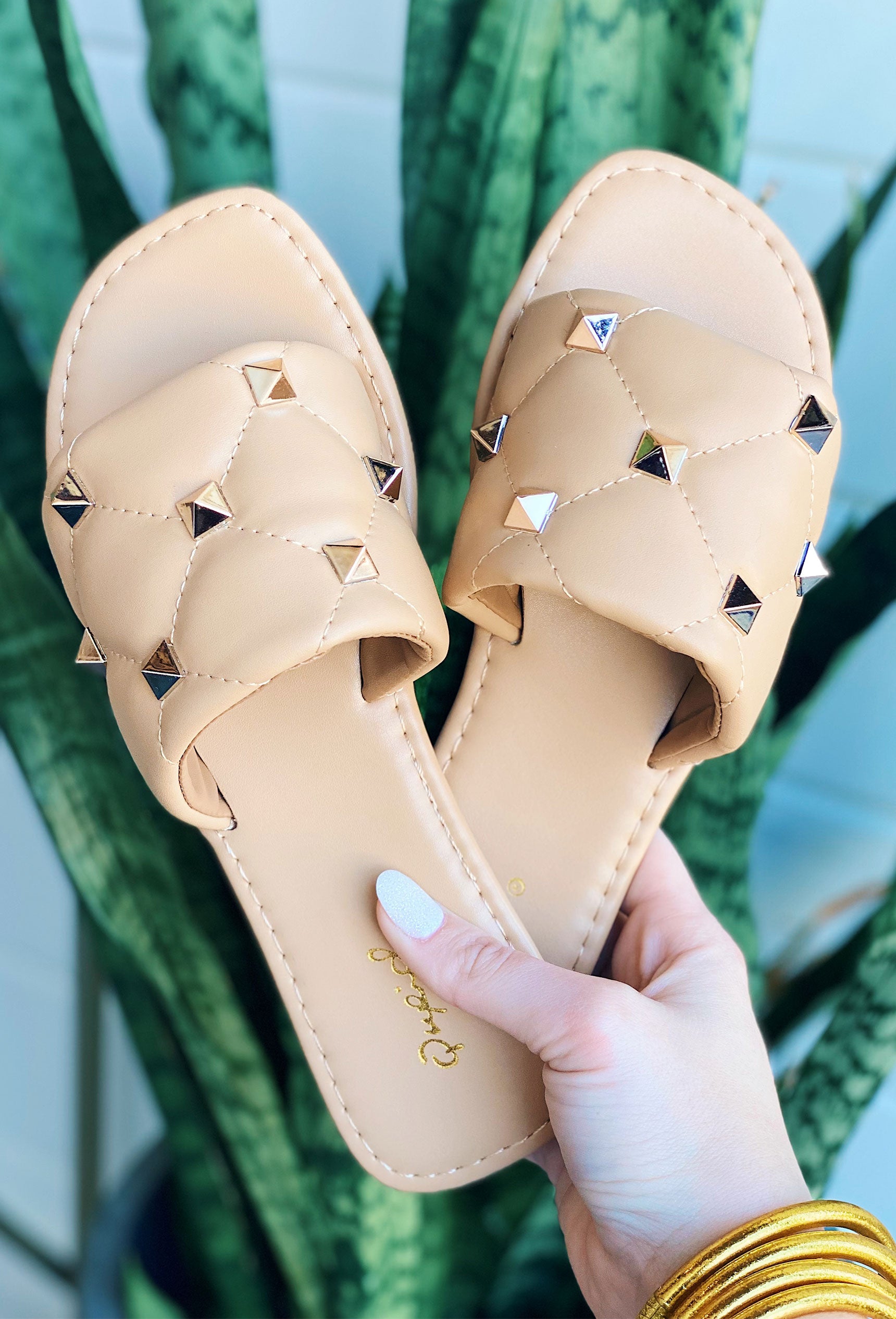 All My Love Slip On Sandals in Tan, tan sandals with quilted look with gold studs