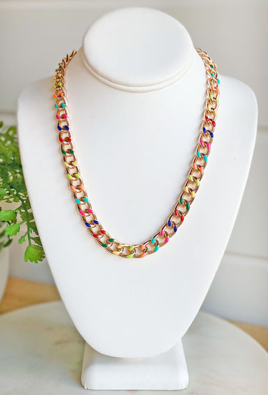 All About It Chain Necklace, chunky gold chain necklace with rainbow colored detail on each chain, lobster clasp