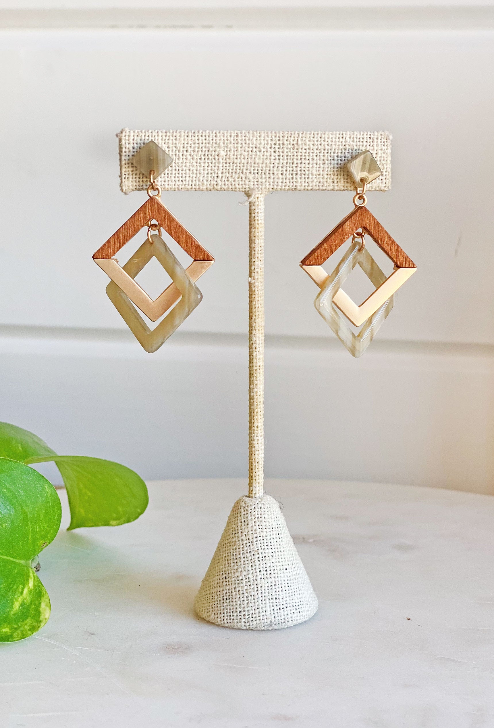 All to Well Earrings in Brown, geometric shape, gold and brown drop earrings, post backing