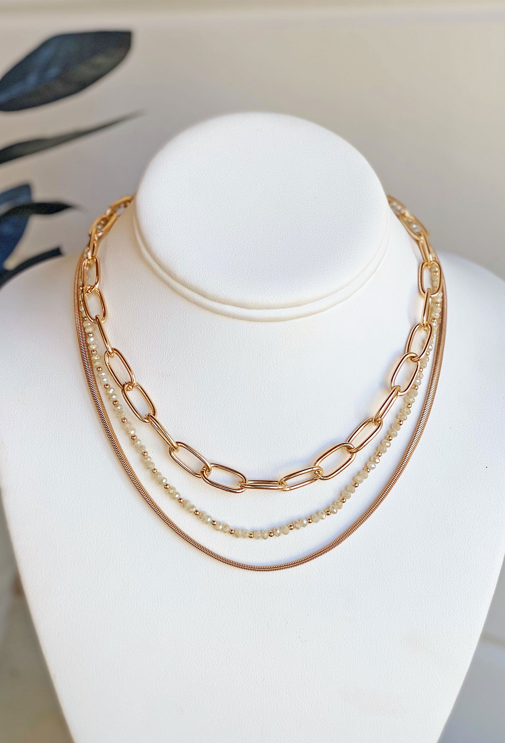 All Yours Layered Necklace, one chain link, one beaded and one gold chain, adjustable