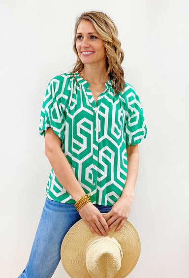 Always On My Mind Blouse, white and green patterned blouse, puff sleeves