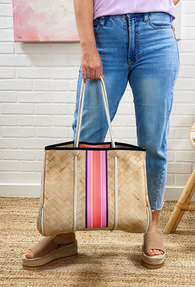The Amanda Neoprene Tote, faux woven bamboo pattern, pink and purple stripes down middle