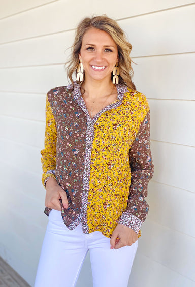 Andrea Chic Floral Button Up Top, color block floral blouse, button up detail and collared neck