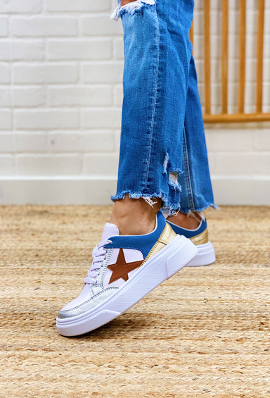 Aria 12 Star Sneaker in Tan, white sneakers, gold, blue and tan colored detailing, brown star on either side of the shoe