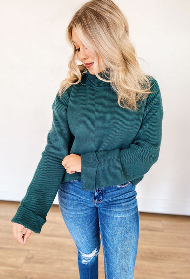 Aspen Sweater by Dreamers in Jumiper, green  turtleneck sweater, flare sleeves 