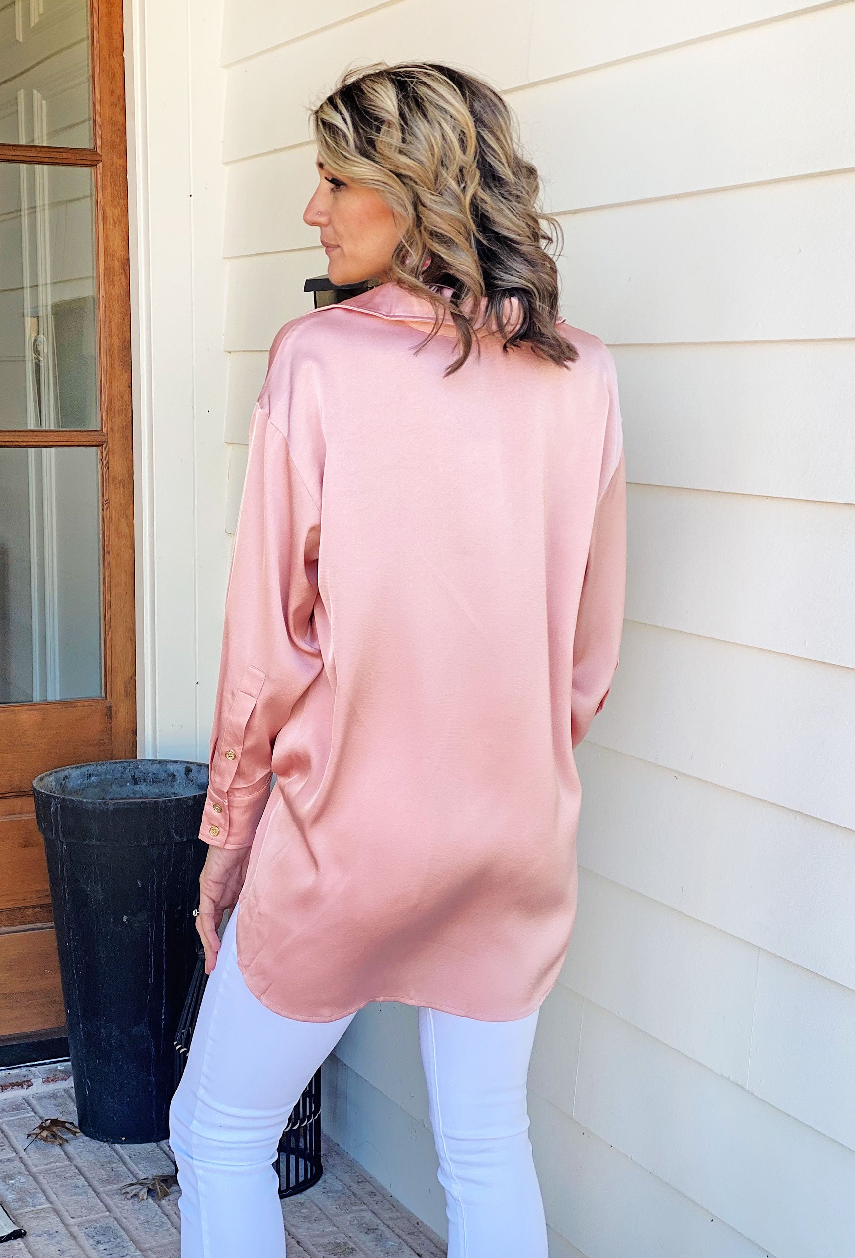 Aubrie Tunic Top in Peach, pink button up top, gold buttons