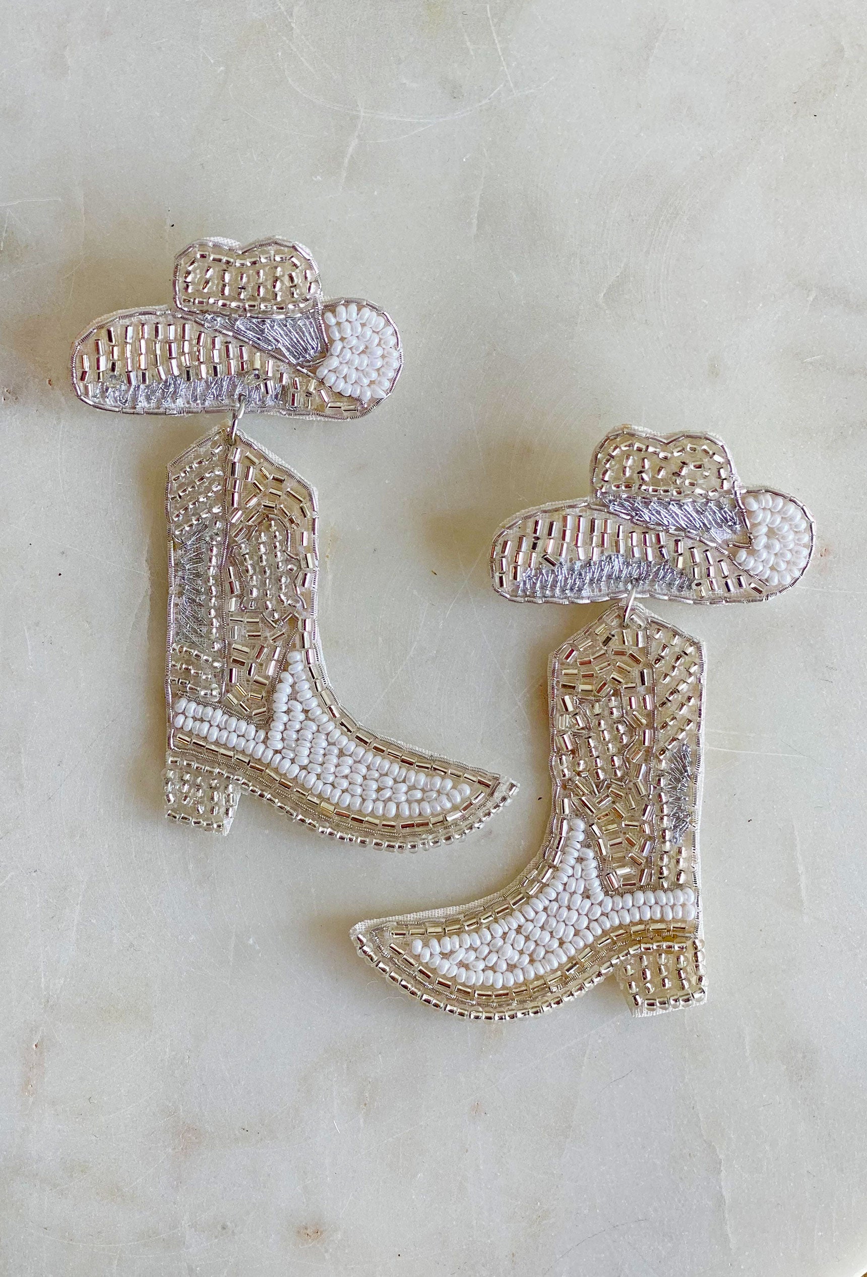 Austin Outing Beaded Boot Earrings, white beads and silver details for a touch of sparkle, cowboy hat, and a boot silhouette